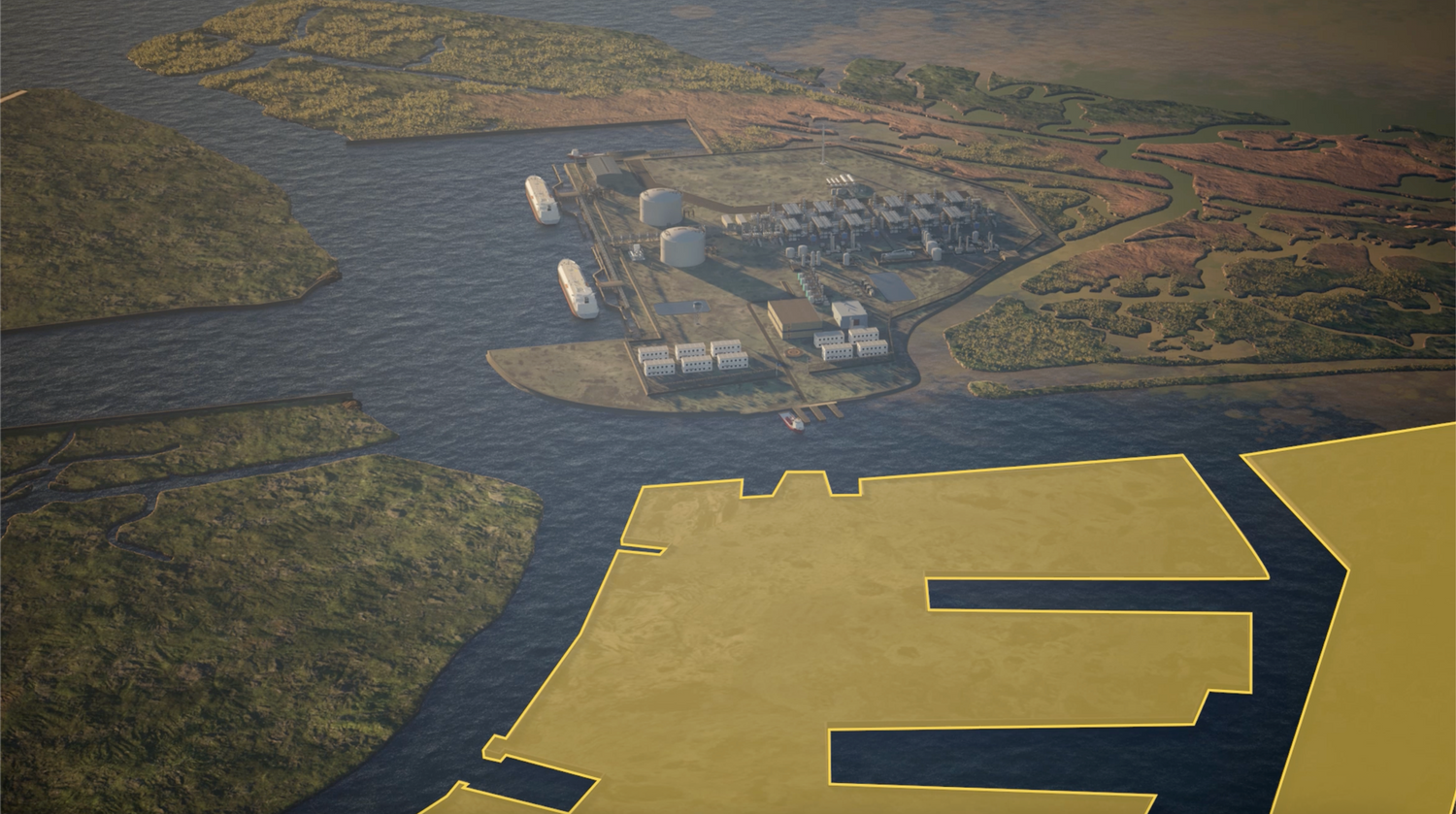 Aerial view of a coastal area with LNG industrial facilities and a large yellow 'E' on the ground.