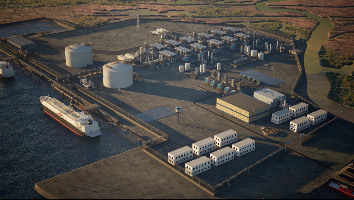 ARGENT LNG Industrial facility with storage tanks and a docked ship near water