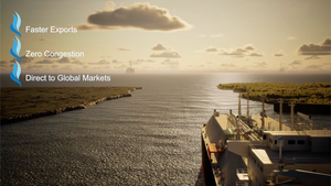 Maritime scene with a ship docked at a terminal, featuring text about faster exports and zero congestion.