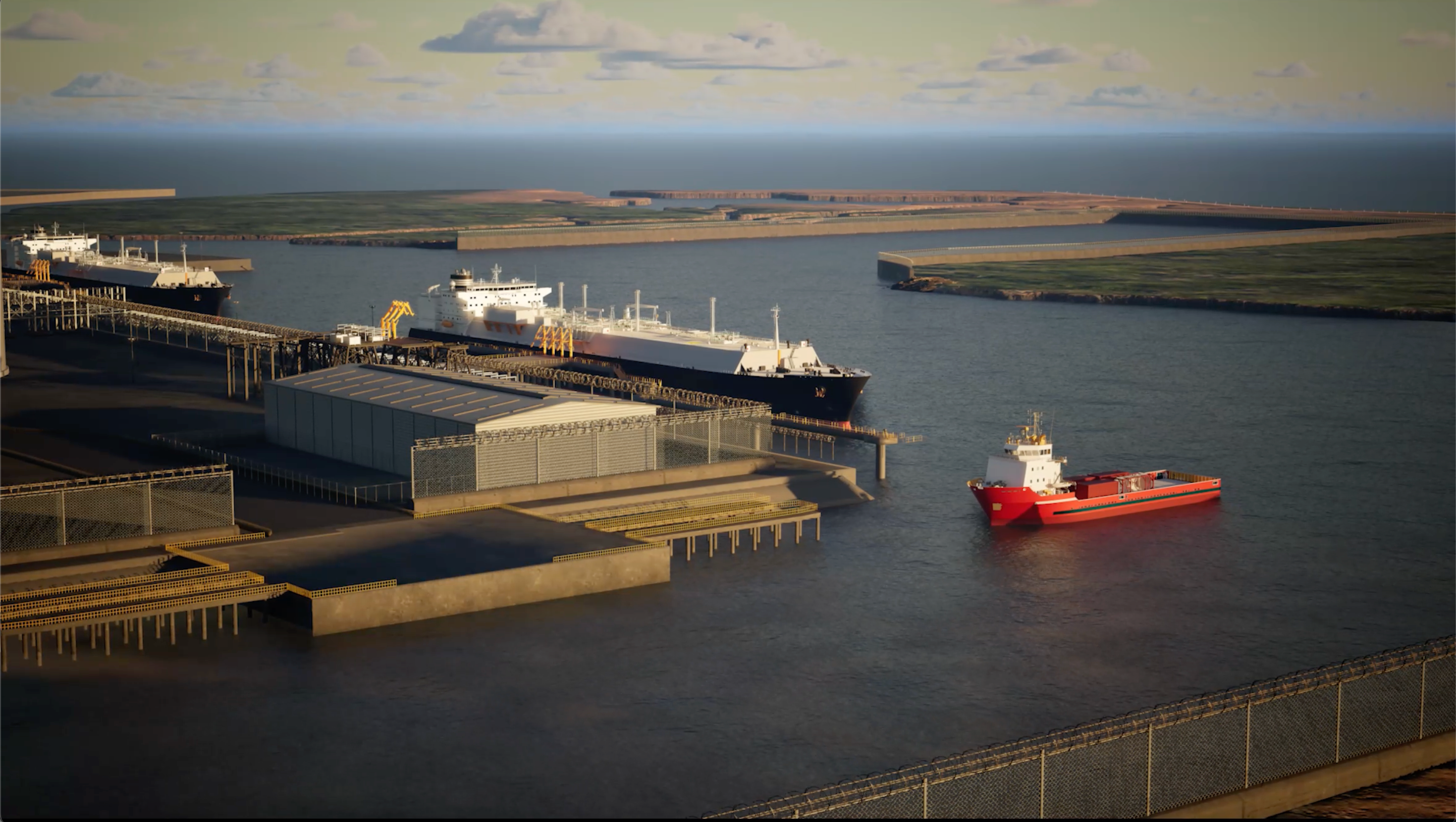 Harbor scene with large ships and a red tugboat in the water.
