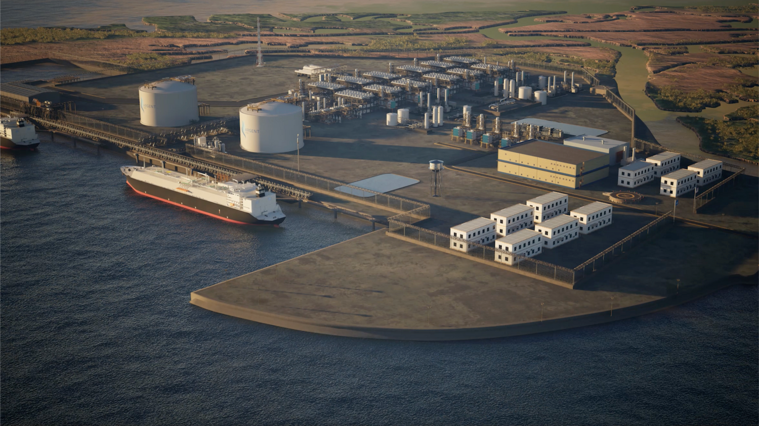 Industrial facility by a body of water with a ship docked nearby