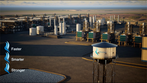 Industrial complex with storage tanks and a water tower, featuring the 'Faster, Smarter, Stronger' slogan.