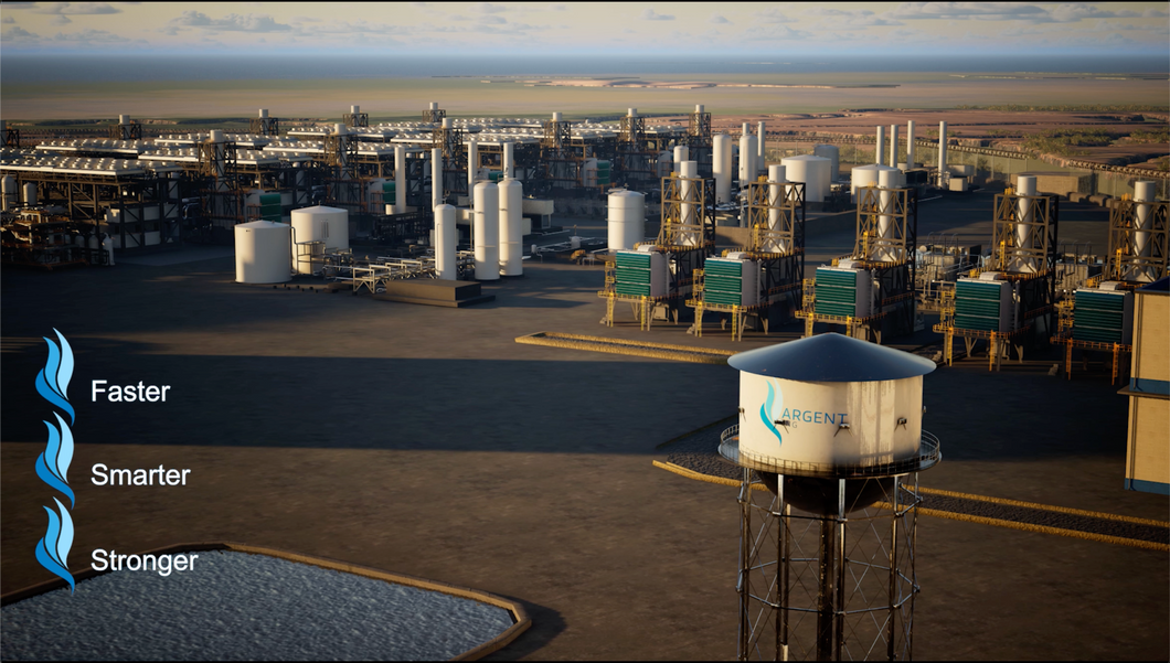 Industrial complex with storage tanks and a water tower, featuring the 'Faster, Smarter, Stronger' slogan.