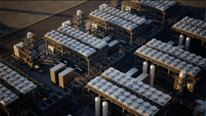 LNG Industrial setting with multiple rows of equipment.