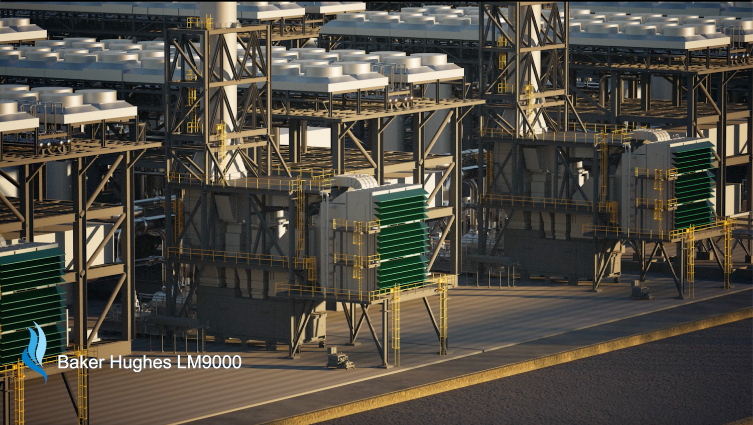 Industrial facility with equipment and Baker Hughes LM9000 branding.