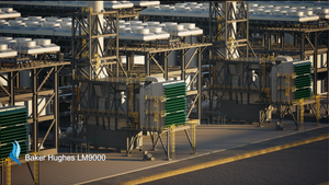 Industrial facility with equipment and Baker Hughes LM9000 branding.