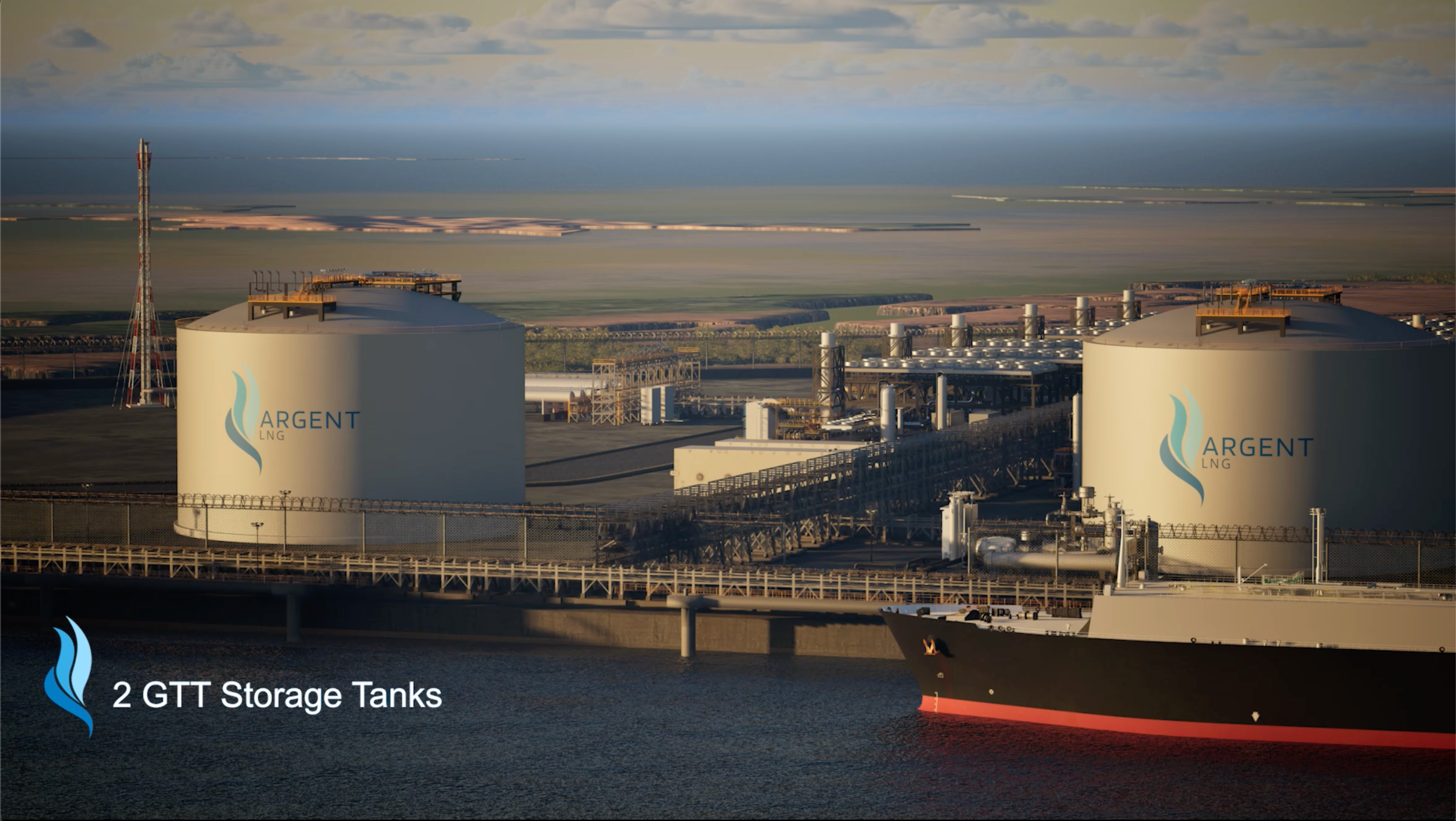 Two large storage tanks with 'Argent' branding near a body of water, with a distant landscape.