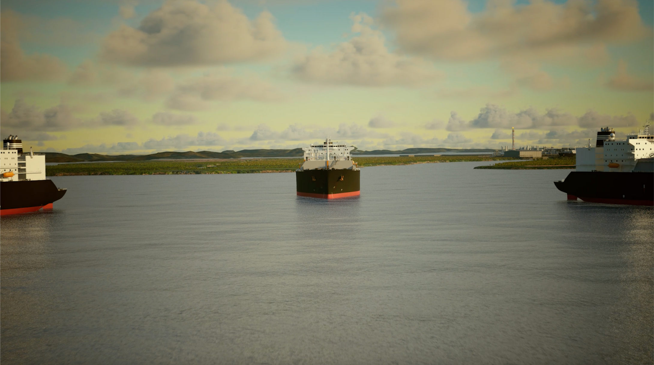 Three LNG cargo ships on a body of water with a cloudy sky.