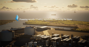 Industrial facility with storage tanks and a large logo on the sky.